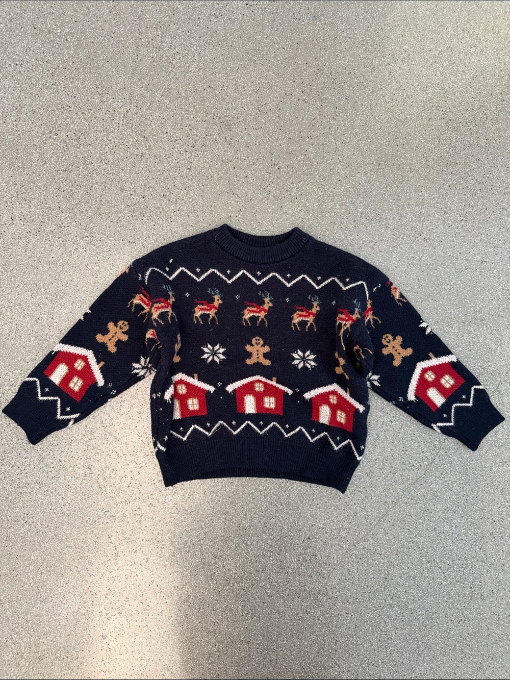 Zara Navy Blue Holiday Sweater with Red Houses and Brown Reindeer